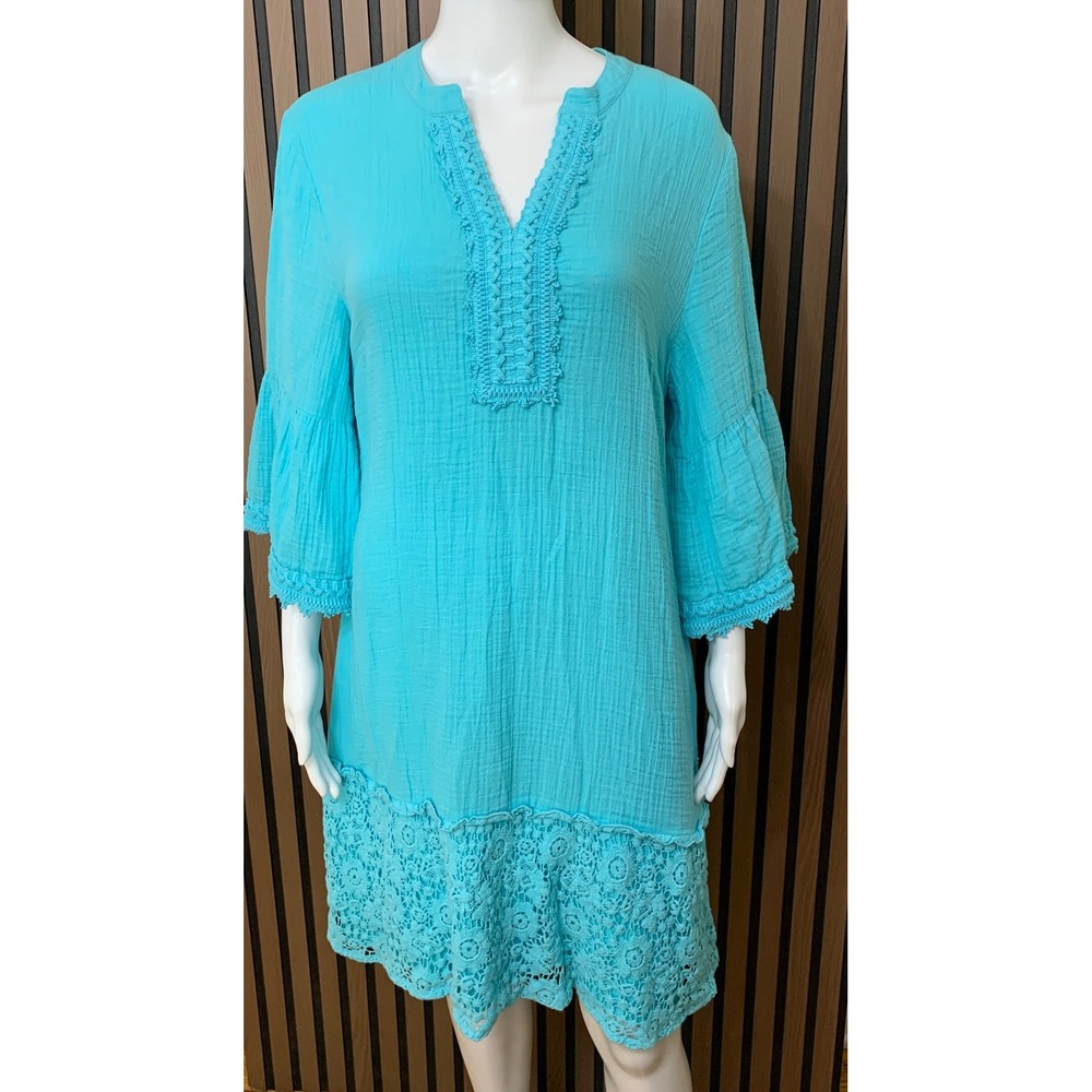 Soft Surroundings Turquoise Blue Crinkle Gauze Lace Trim Tunic Dress Small